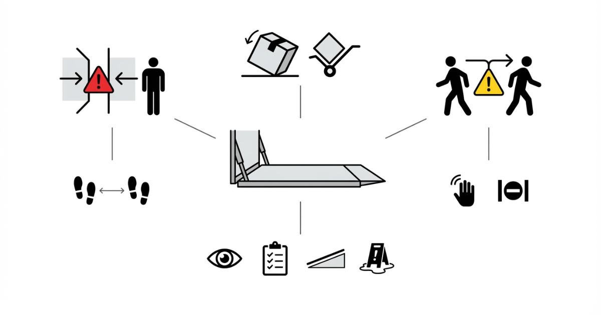 挟まれや転倒などテールゲート作業の失敗例と回避策の分岐を示す文字なし図解