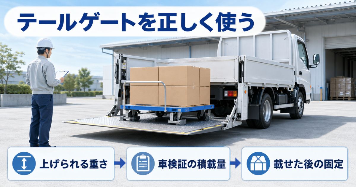 テールゲートリフターで荷物を上げる前後に、装置能力、最大積載量、荷台上での固定を別々に確認する流れ