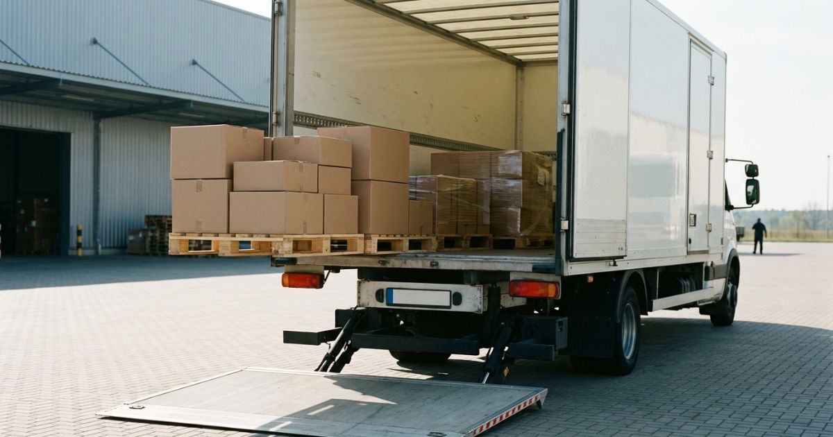 テールゲートリフターを展開した小型トラック後部の使用イメージが伝わる写真風画像