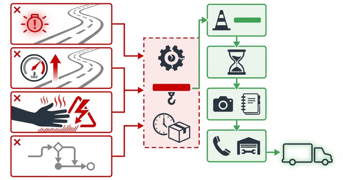走行継続や高温時の無理な確認などの失敗と二次被害を示す文字なし図解