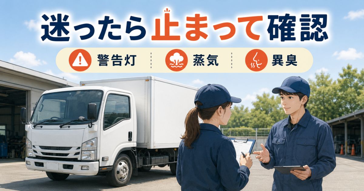 水温警告灯や蒸気や異臭があるときに走行を止めて整備担当者へ相談する写真風画像
