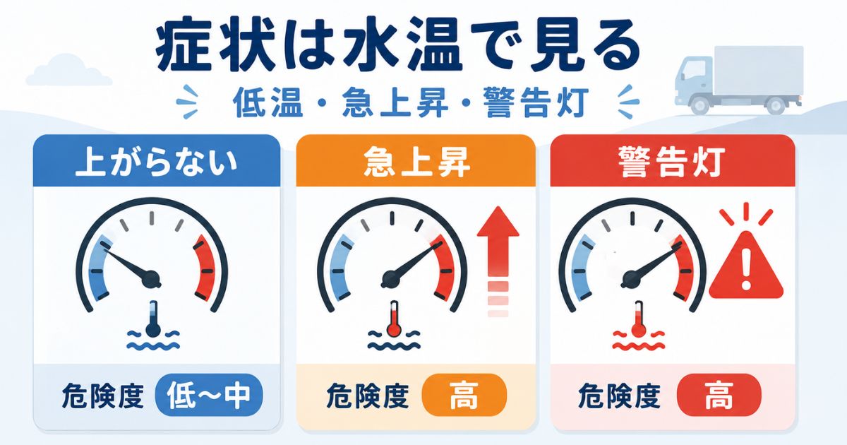 サーモスタット故障で起こる水温低下や急上昇や警告灯の危険度を整理した図解