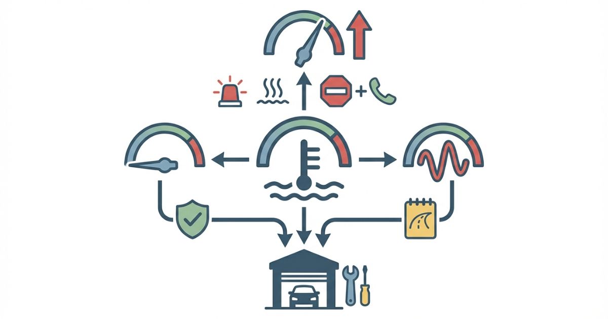 水温の動きでサーモスタット故障を切り分け停止判断につなげる文字なし図解
