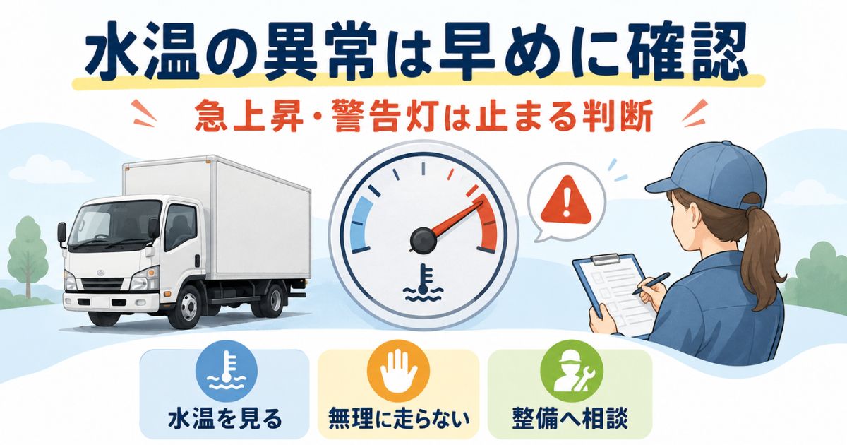 トラックの水温異常を早めに確認し警告灯や急上昇時は停止判断する流れを示すアイキャッチ画像