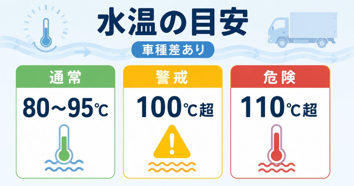 通常水温80〜95度と警戒100度超と危険110度超の目安を示す数値カード図解
