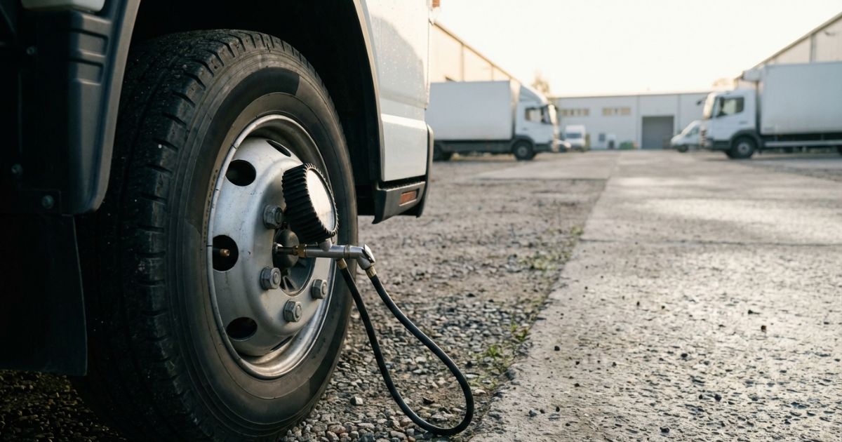 トラックの前輪付近でエアゲージを使いタイヤ空気圧を点検している現場の写真イメージ