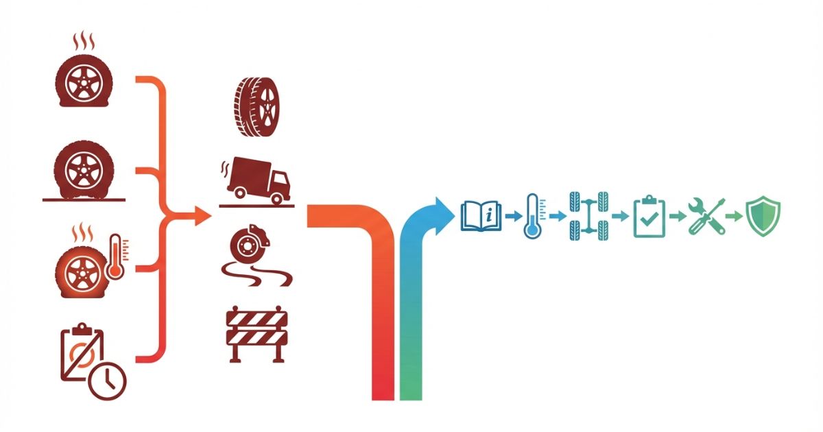 空気圧不足・過充填・測定条件ミス・記録なし放置の失敗分岐と安全運用の流れを示す図解