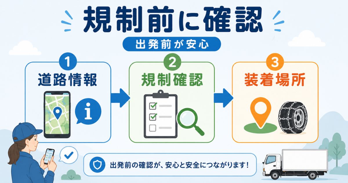 チェーン規制時に道路情報と装着場所を出発前に確認する流れを示す図解