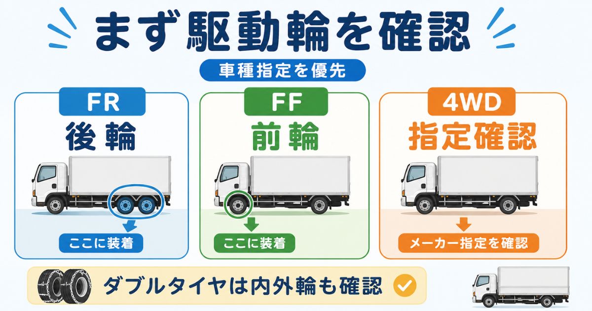 FRは後輪、FFは前輪、4WDは指定確認というタイヤチェーン装着位置を示す図解