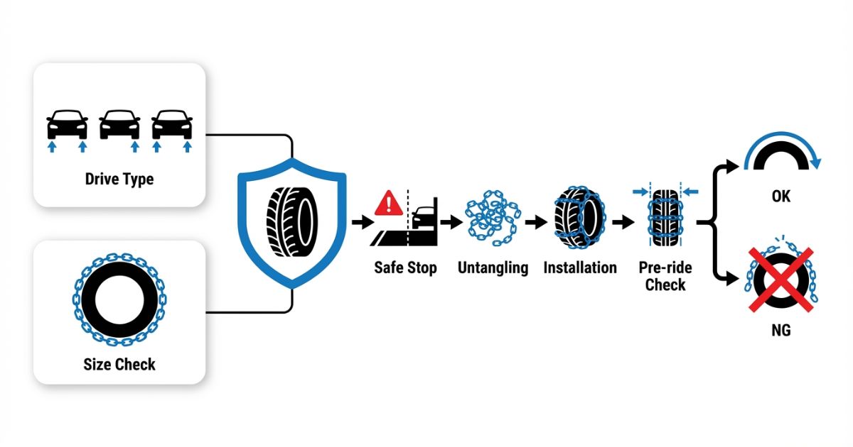 駆動輪確認から走行前確認までの判断軸を整理した文字なし図解