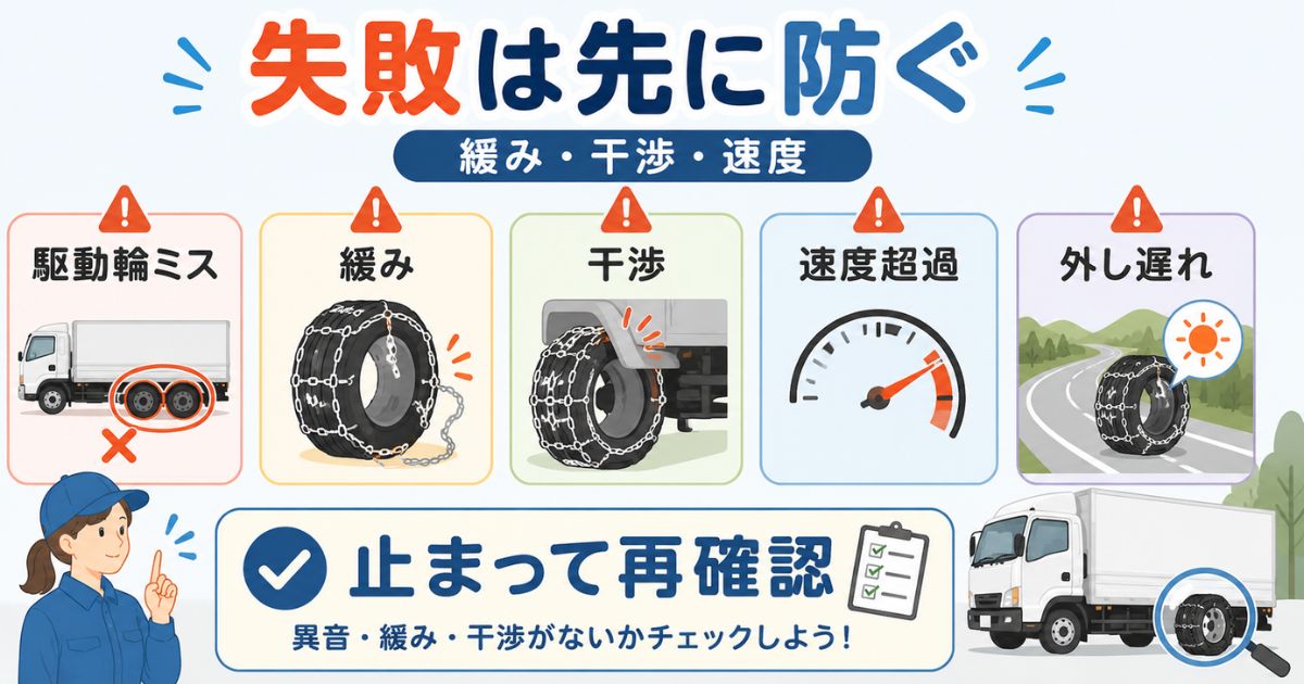 トラックチェーン装着で多い駆動輪ミスや緩みなどの失敗例を整理した図解
