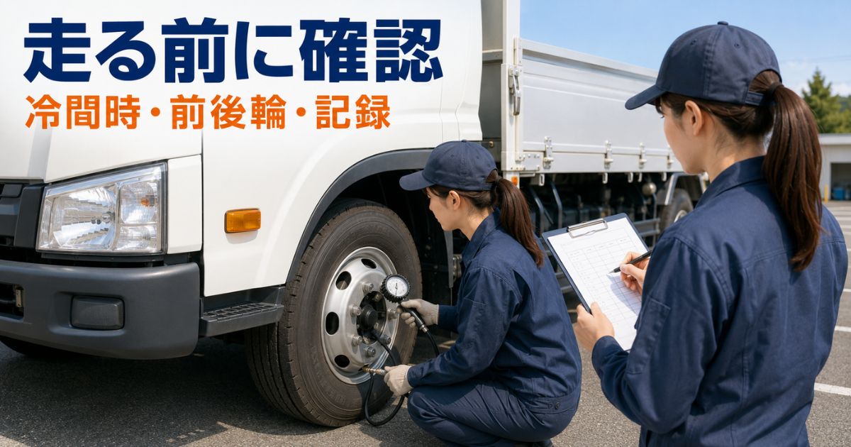 走行前に冷間時のタイヤ空気圧を前後輪別に測定して記録する様子