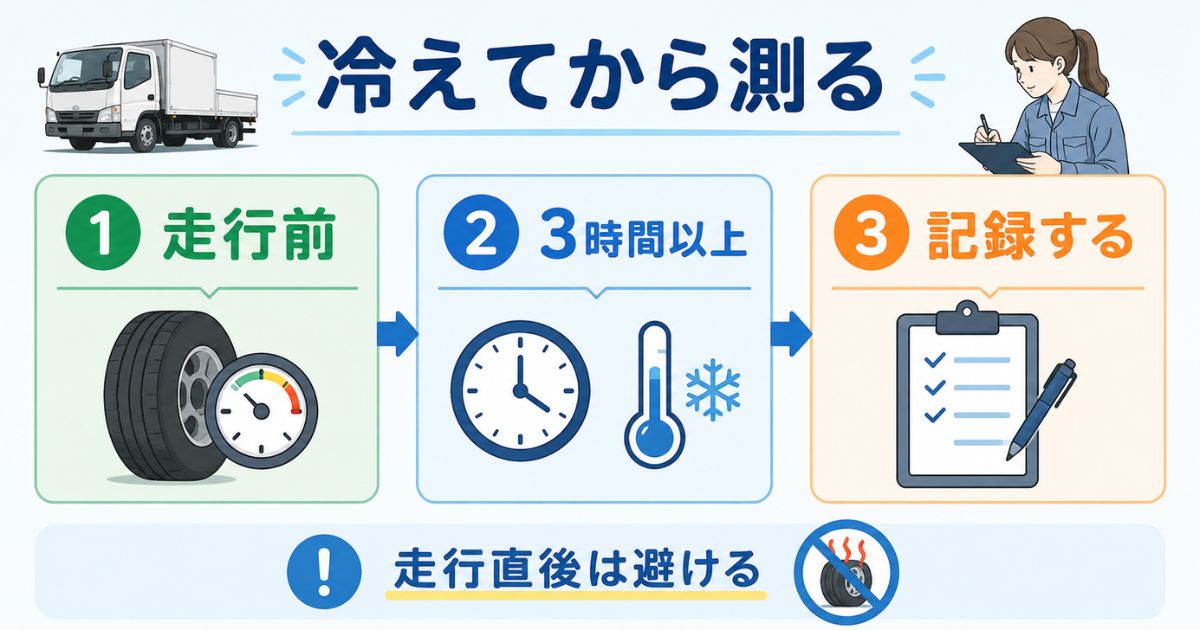 トラックのタイヤ空気圧を冷間時に測るタイミングを走行前と3時間以上で示すフロー図