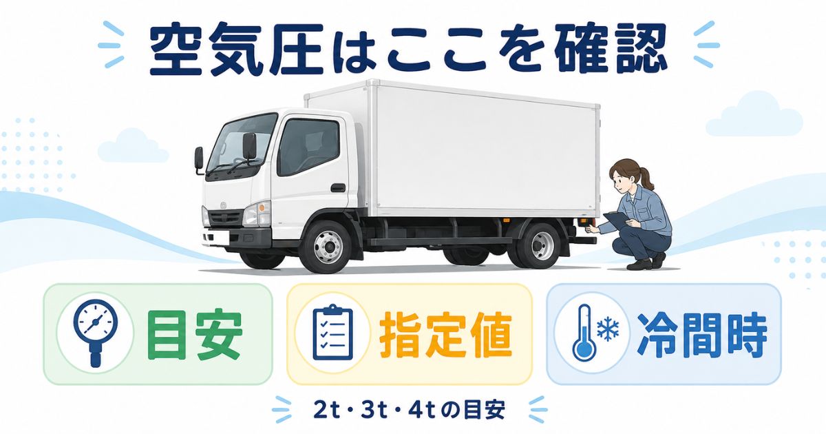トラックのタイヤ空気圧を目安、指定値、冷間時の3点で確認する流れを示すアイキャッチ画像