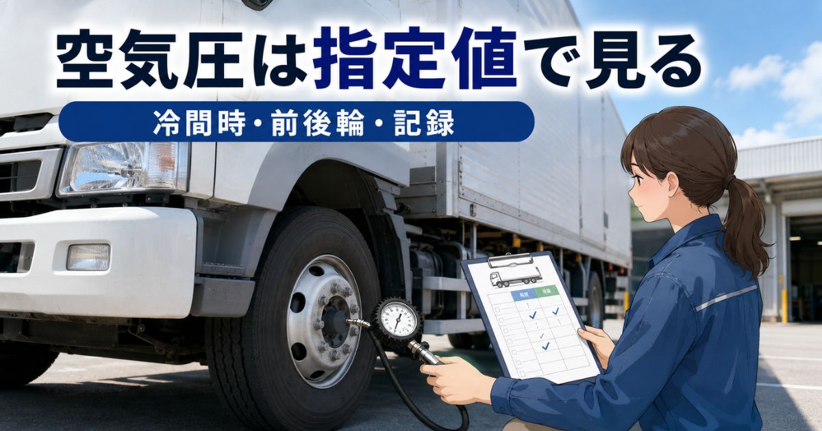 トラックのタイヤ空気圧をメーカー指定値と冷間時測定で管理する考え方を示すアイキャッチ画像