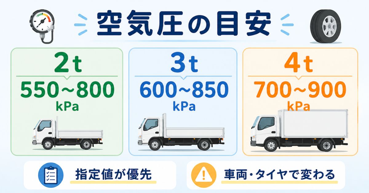 2t3t4tトラックのタイヤ空気圧目安をkPaの数値カードで示す図解