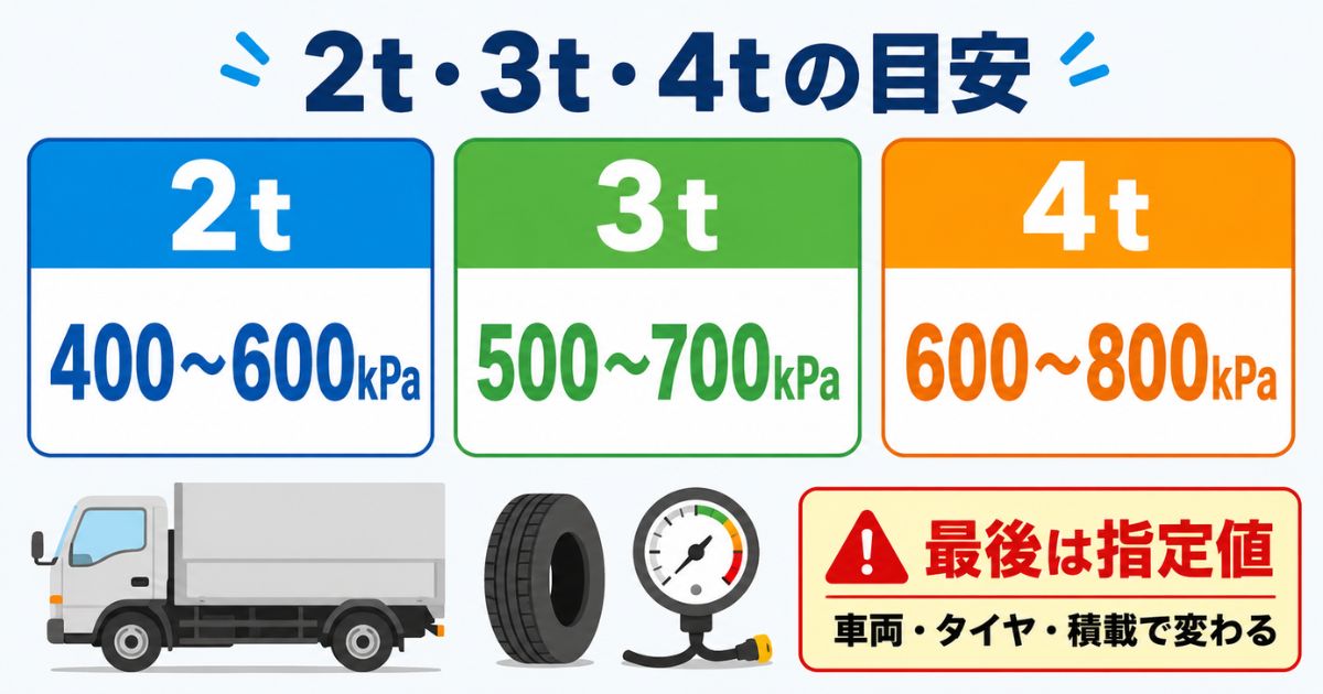 2t・3t・4tトラックのタイヤ空気圧目安とメーカー指定値優先の考え方を示す比較図