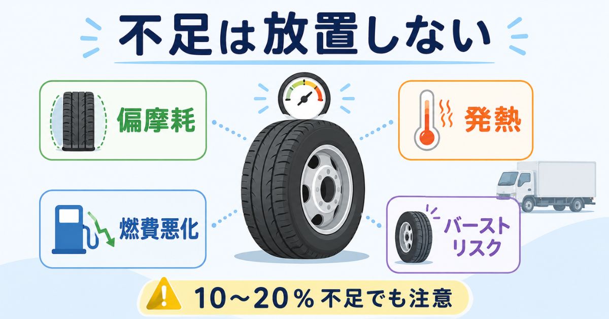トラックのタイヤ空気圧不足による偏摩耗発熱燃費悪化バーストリスクを整理した図解