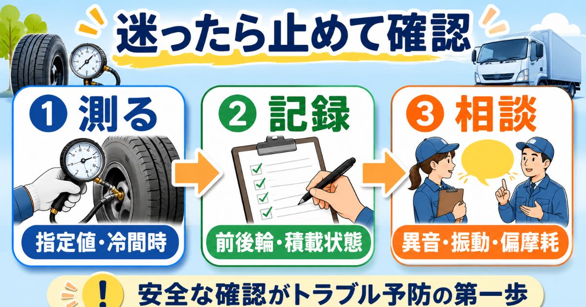 タイヤ空気圧に異常兆候があるとき測定・記録・相談の流れで安全確認する図解