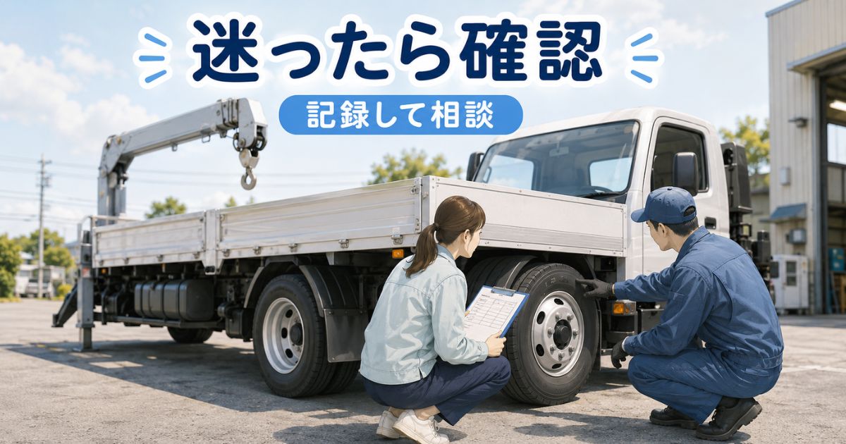 ユニック車のタイヤ空気圧や偏摩耗を点検記録とともに整備担当者へ相談する場面