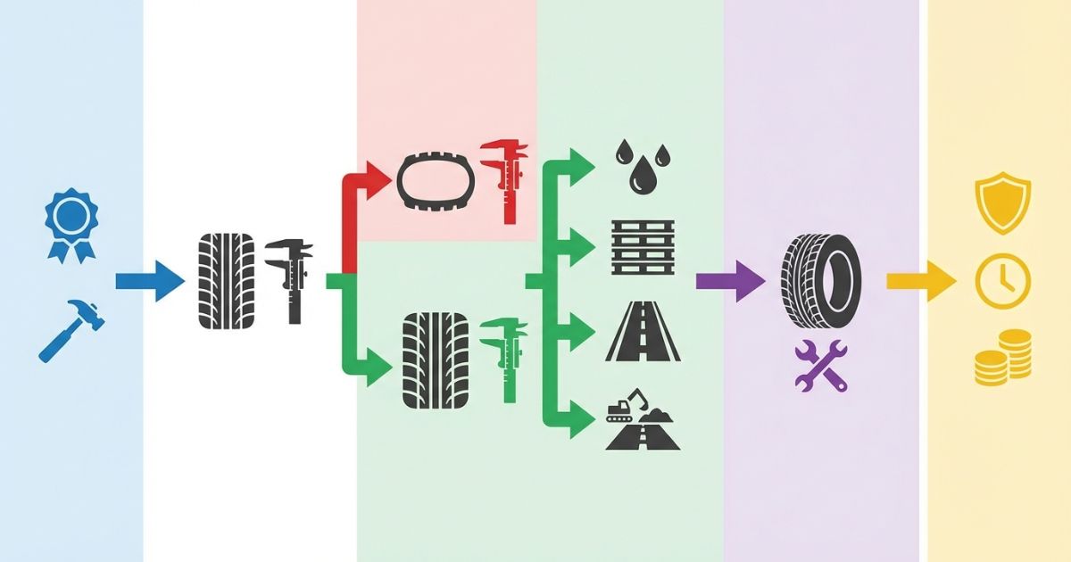  法規の基準を起点に溝を測定し運用条件で余裕ラインを上乗せして交換判断する流れの図解