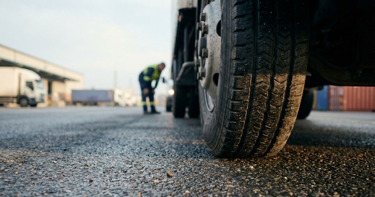 トラックタイヤの接地面を寄りで捉え、溝の状態を点検している現場の写真イメージ