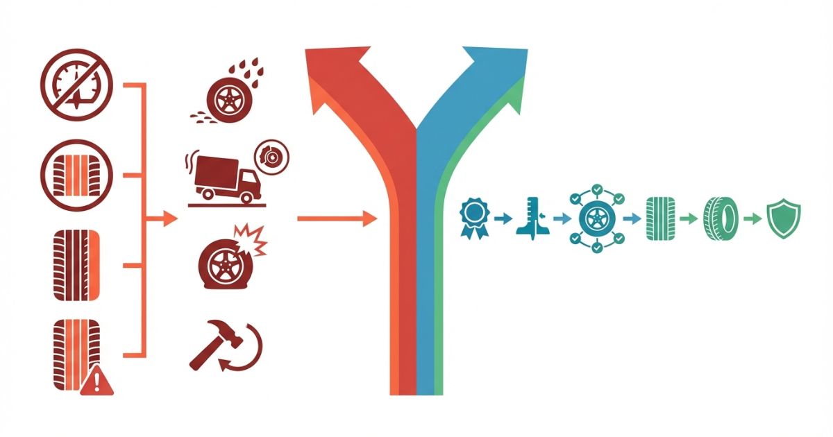 測らない・一部だけ確認・偏摩耗放置・限界走行の失敗分岐と安全な交換判断の流れを示す図解