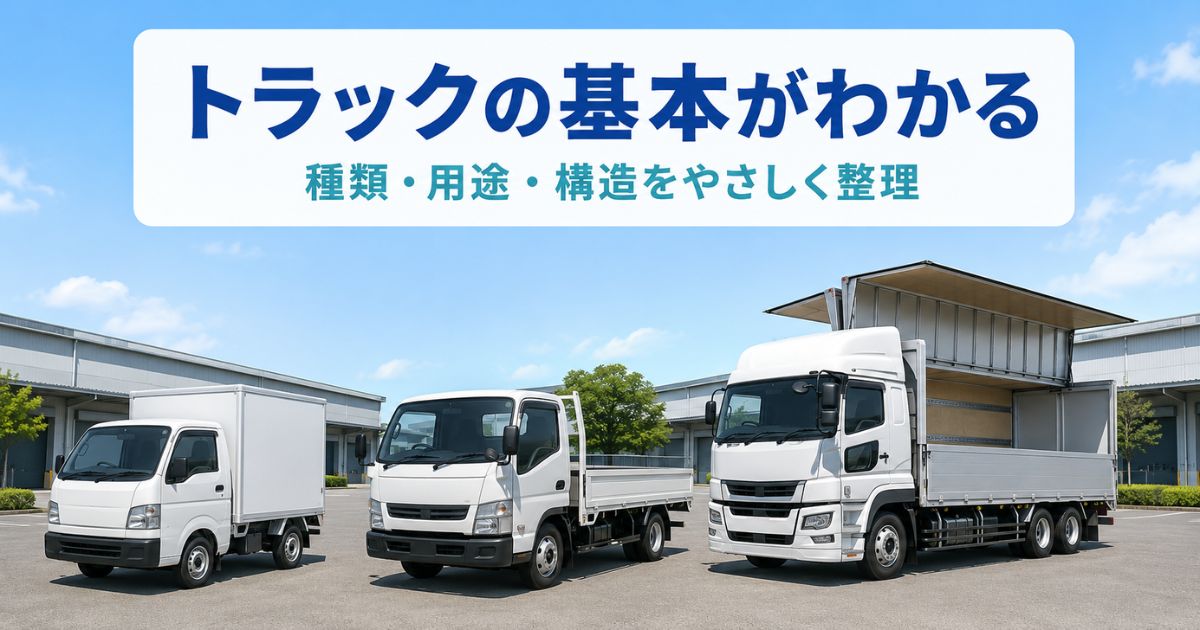 小型・中型・大型のトラックを並べ、トラックの種類・用途・構造の基本を表したアイキャッチ