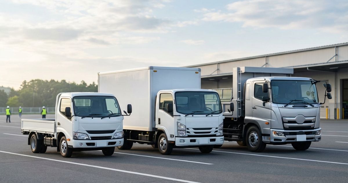 さまざまな種類のトラックが並ぶ写真風イメージ（トラックとはの記事アイキャッチ）