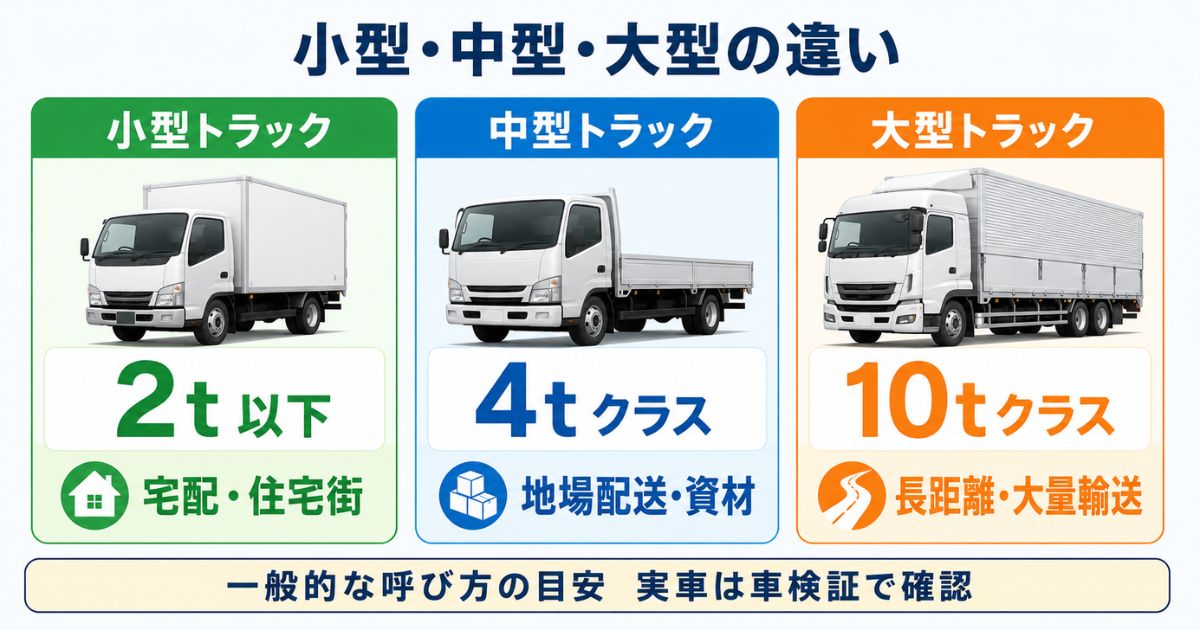 小型2t以下・中型4tクラス・大型10tクラスの一般的な目安と主な用途を比較した図解