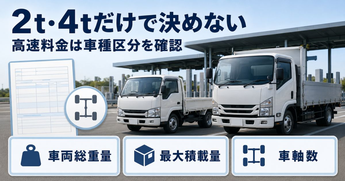小型・中型トラックと車両総重量・最大積載量・車軸数の確認項目で高速料金区分の考え方を示す