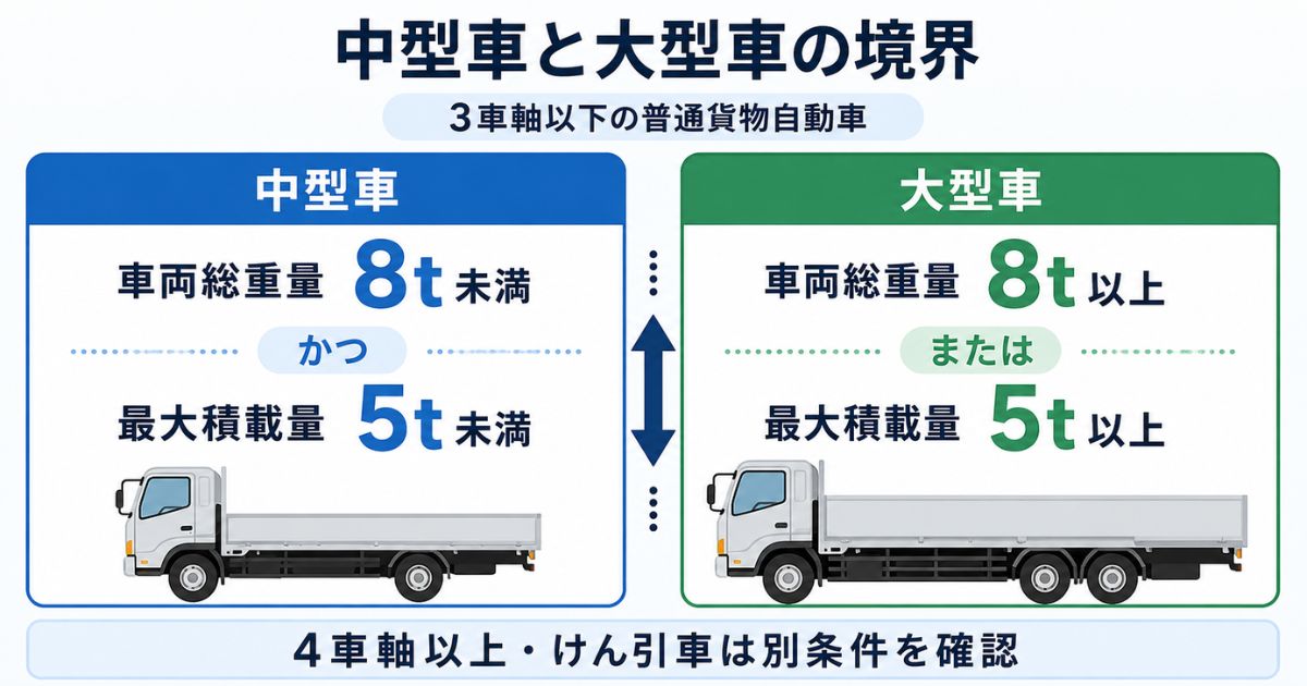 3車軸以下の普通貨物自動車について車両総重量8tと最大積載量5tで中型車と大型車を比較する