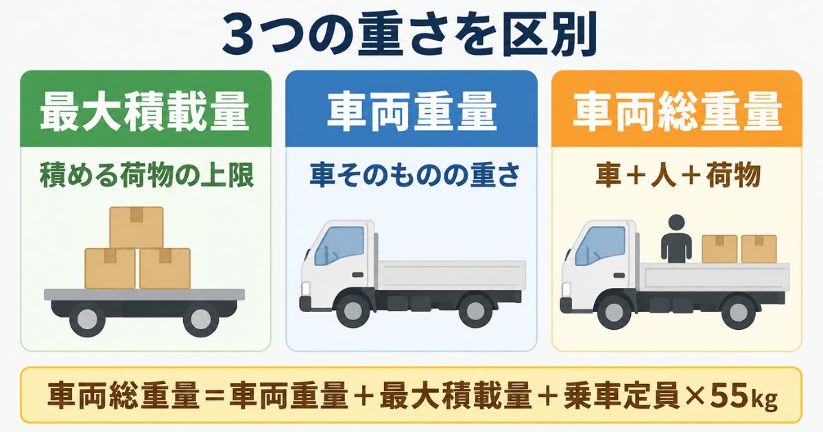 最大積載量・車両重量・車両総重量の意味と計算関係を3枚のカードで整理した図解