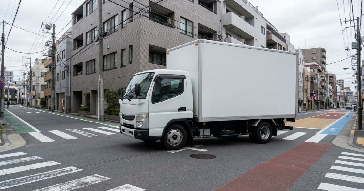 市街地の交差点で業務用トラックが十分減速して右左折前に慎重に進入する写真