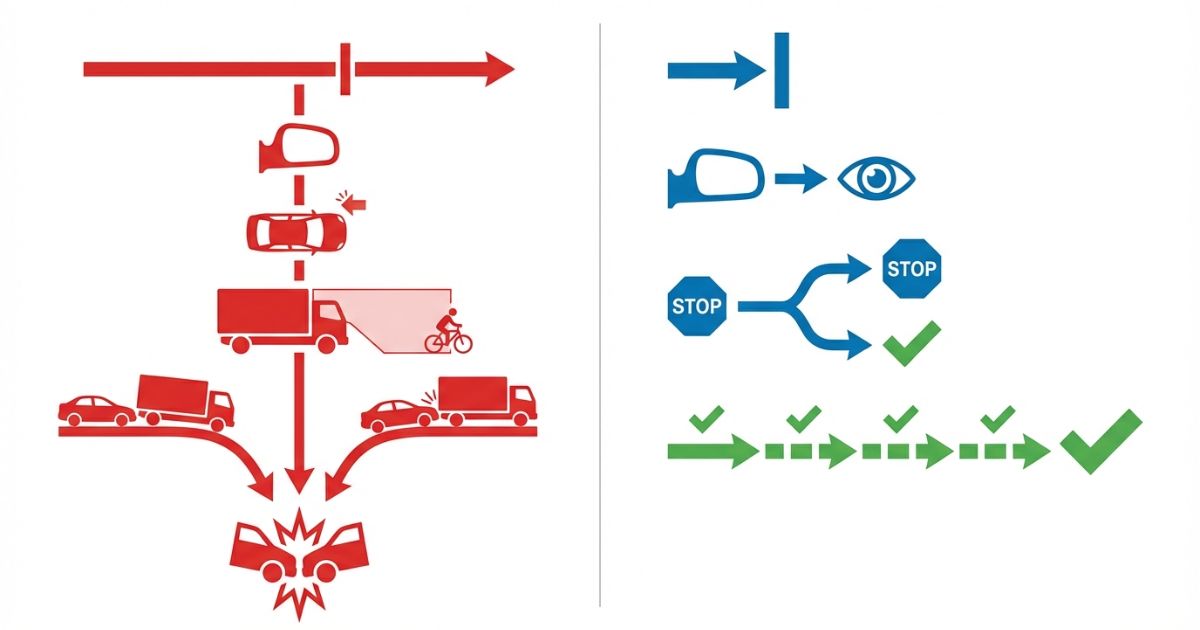 右左折時の典型的な失敗例と安全側の手順を比較した分岐図解