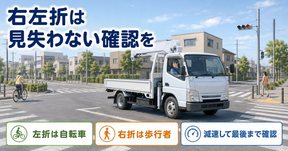 左側の自転車と右折先の歩行者を確認しながら交差点手前で減速するトラック
