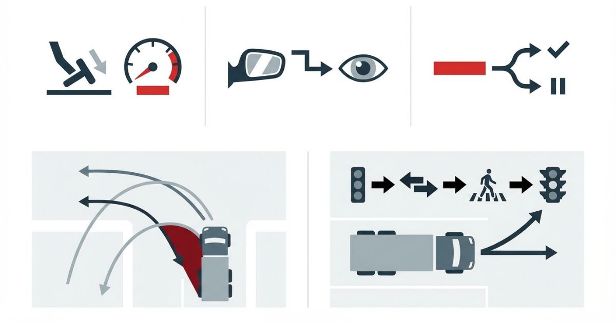右左折事故を防ぐ判断軸(減速と二段階確認と待つ判断)を整理した図解