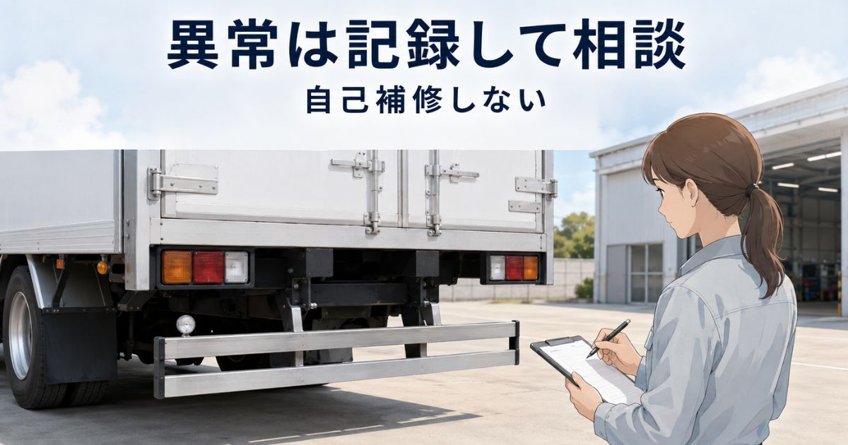 突入防止装置の異常を自己補修せず記録して整備事業者へ相談する様子を示す半イラスト調の写真風画像