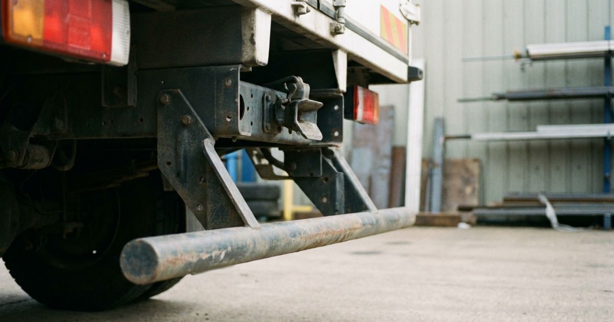 トラック後部下側の突入防止装置が見える整備ヤードでの点検前イメージ写真