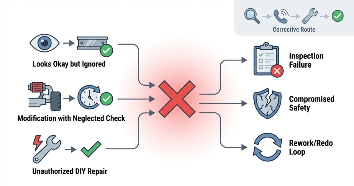 見た目判断や架装後放置や独断補修が車検指摘と安全リスクにつながる分岐を示す図解