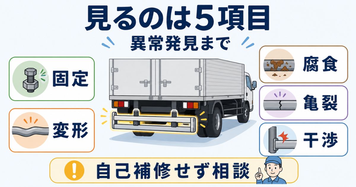 突入防止装置の固定変形腐食亀裂干渉の5つの点検ポイントを整理した図解