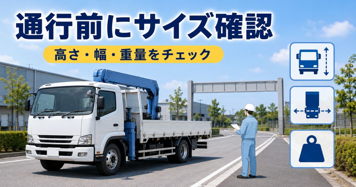 クレーン付きトラックの通行前に高さ・幅・重量を確認する様子