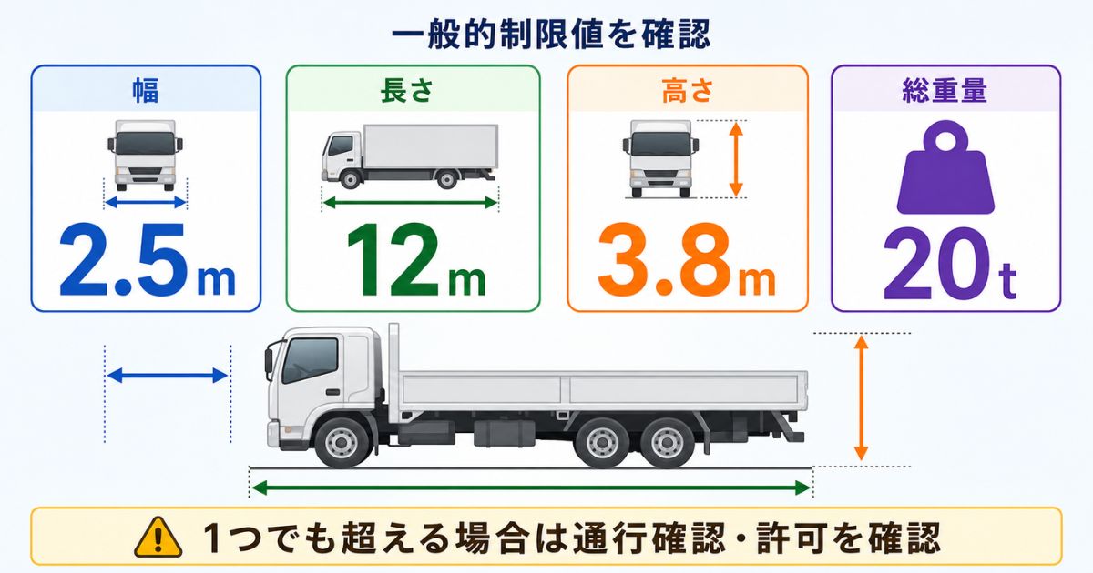 車両制限令の一般的制限値である幅2.5m・長さ12m・高さ3.8m・総重量20tを示す比較図