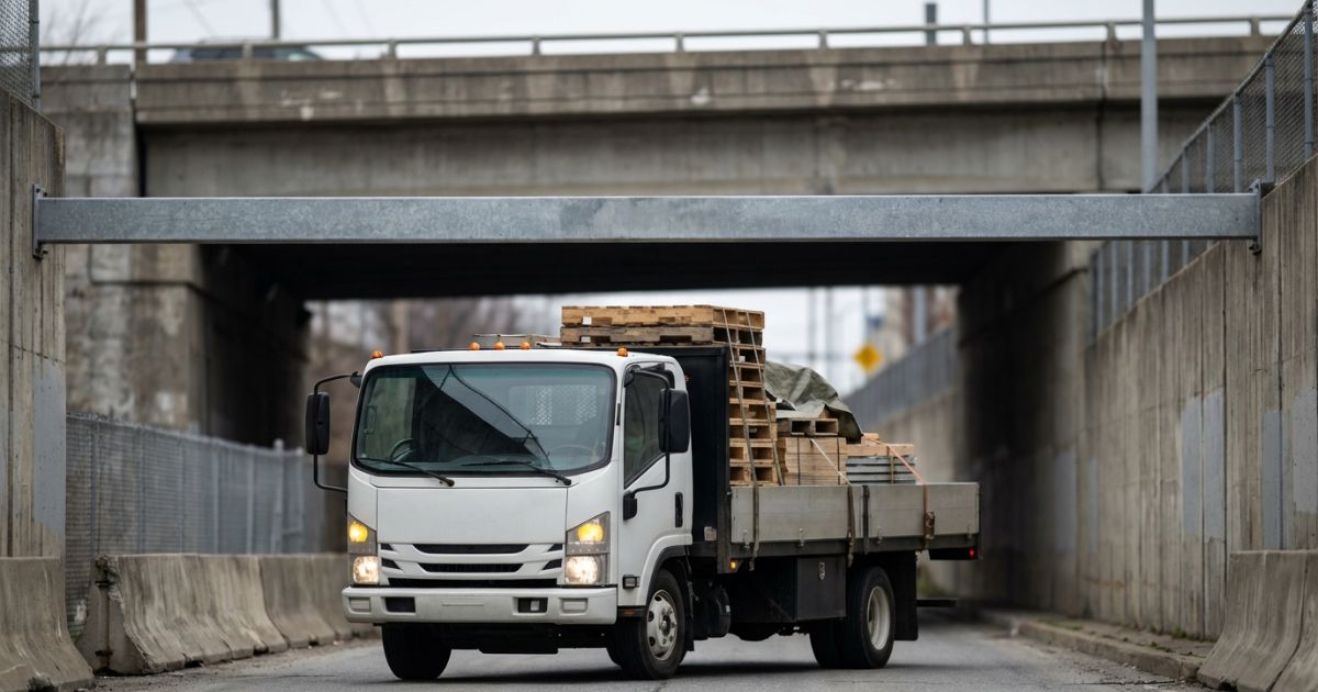 高さや幅の制限が気になる道路構造物手前で無地トラックが一時停止して確認している写真