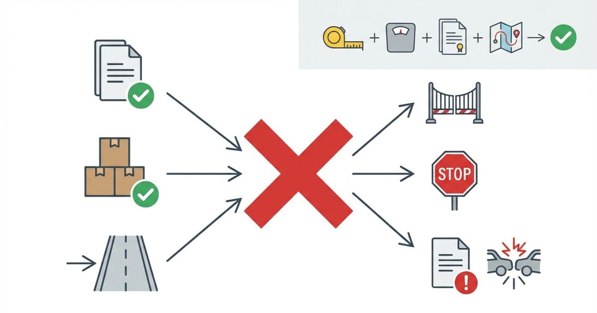 車検証だけ・過積載だけで判断して許可前に強行するとリスクが増える分岐を示す図解