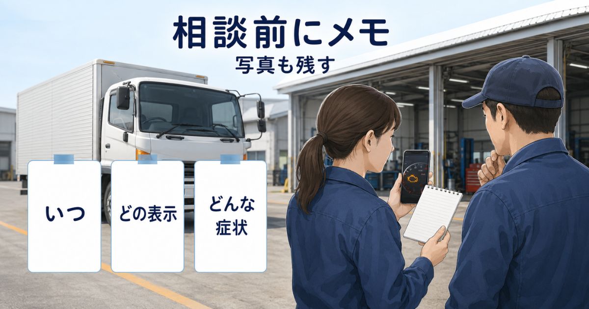 トラックの警告灯点灯後に点灯状況を記録して整備担当者へ相談する様子を示す写真風画像