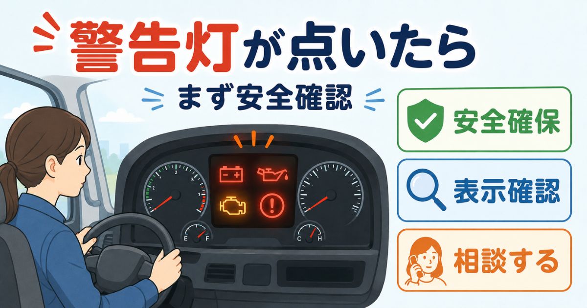 トラックの警告灯が点いたときに安全確保、表示確認、相談の順で対応する流れを示すアイキャッチ画像