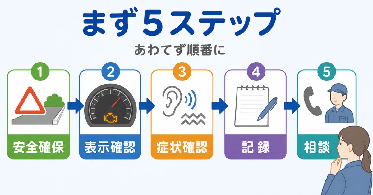 トラックの警告灯が点いた直後に安全確保、表示確認、症状確認、記録、相談を行う5ステップを示す図解