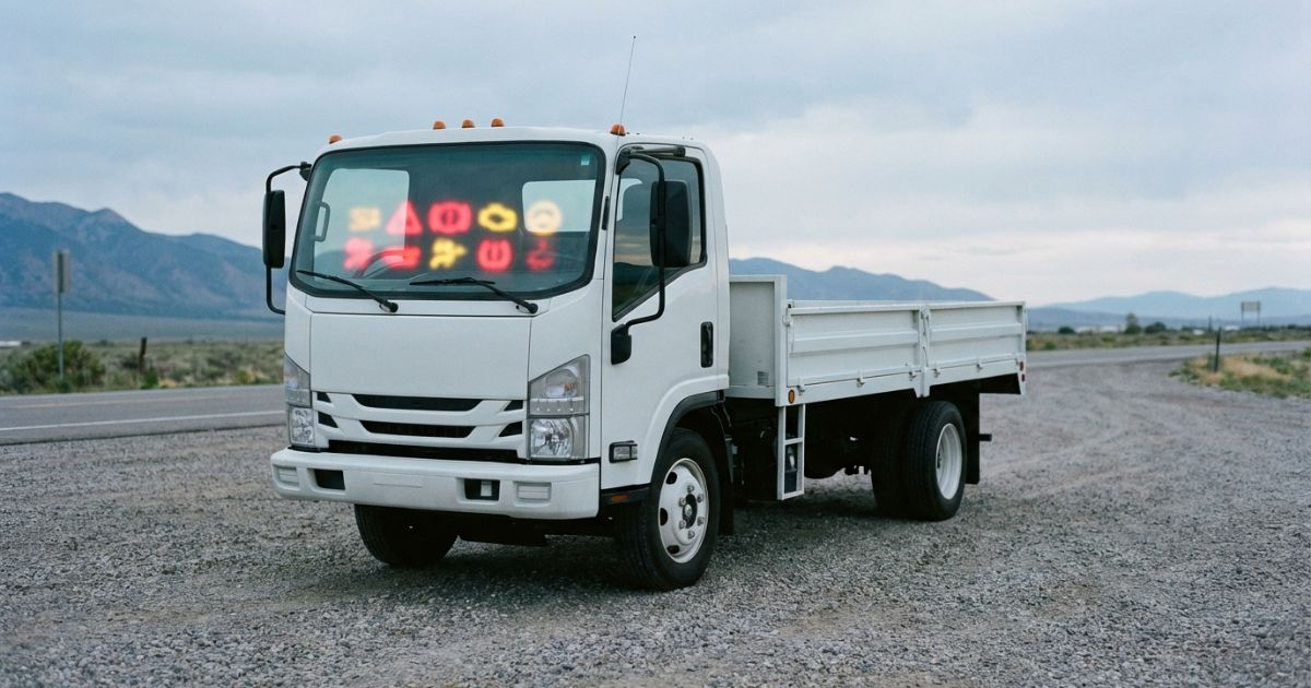 警告灯が点灯したトラックが安全な場所に寄せて停車している写真風イメージ