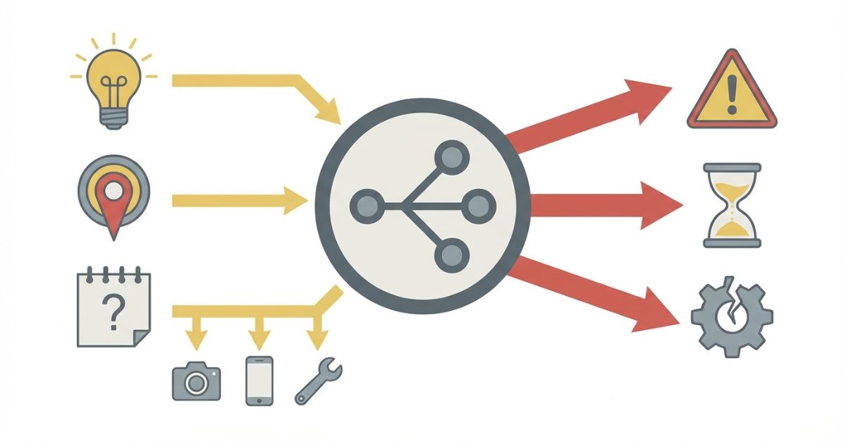 放置や決め打ちなどの失敗から安全業務費用リスクへつながる分岐を示す図解